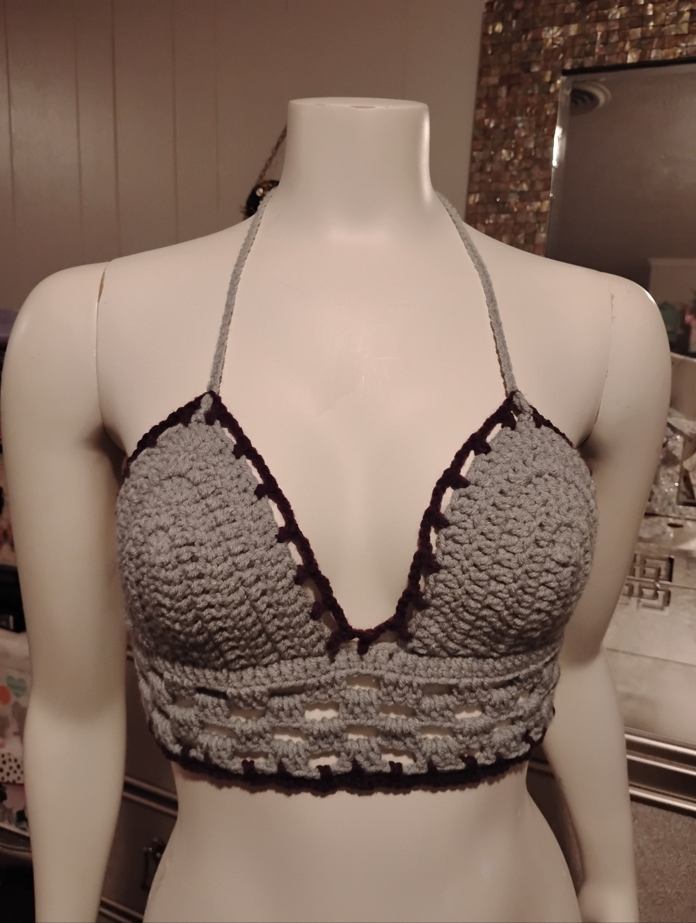 Crochet Halter Bralette in Light Gray with Dark Purple Trim